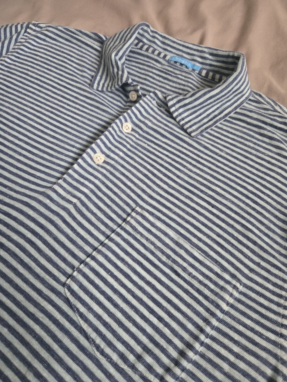 J. McLaughlin Linen Blend Striped Polo Shirt Blue White Large